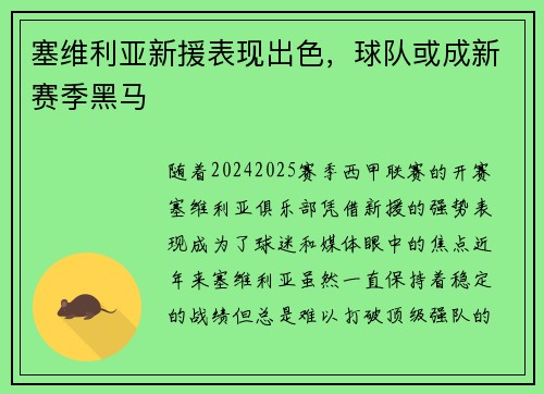 塞维利亚新援表现出色，球队或成新赛季黑马